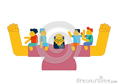 Dad holds children in his arms. Kids are sitting on their father Vector Illustration