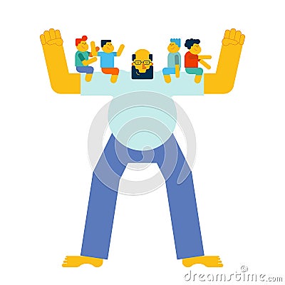 Dad holds children in his arms. Kids are sitting on their father Vector Illustration