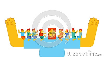 Dad holds children in his arms. Kids are sitting on their father Vector Illustration