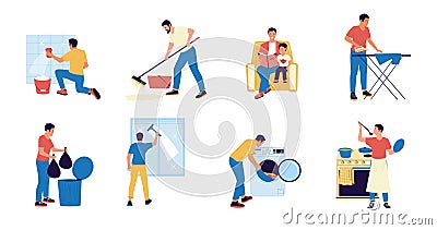 Dad housekeeper. Cartoon father character doing household work - cook, wash dishes, laundry, ironing, sitting with baby Vector Illustration