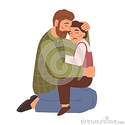 Dad hugging and comforting crying daughter Vector Illustration