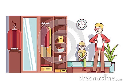 Dad and kid son dressing up in home wardrobe room Vector Illustration