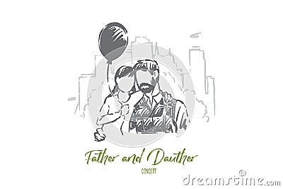 Dad and little daughter hugging, happy fatherhood, child holding balloon, bonding, parent with kid outdoor Vector Illustration