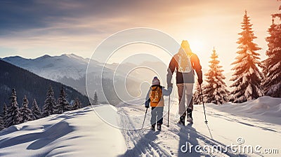 Dad with little daughter looks at snow-capped mountains at a ski resort, during vacation and winter holidays. Stock Photo