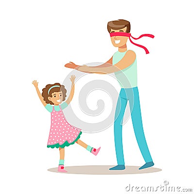 Dad Playing Hide And Seek With Daughter, Loving Father Enjoying Good Quality Daddy Time With Happy Kid Vector Illustration