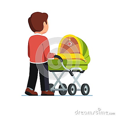 Dad pushing baby stroller walking with kid Vector Illustration