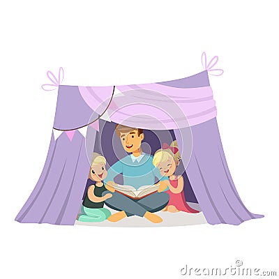 Dad reading a book to her children while sitting in a tepee tent, kids having fun in a hut vector Illustration Vector Illustration