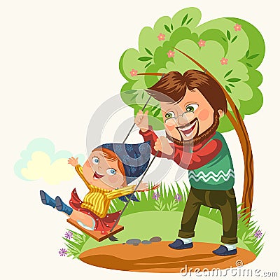 Dad rolls his daughter on a swing tied to a tree, fathers day happy child swinging, family summer vacation in park, kids Vector Illustration