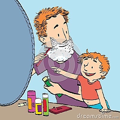 Dad shaves son watches Vector Illustration