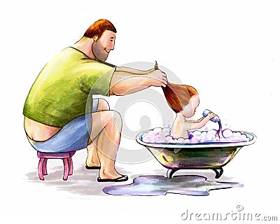 Dad washes his daughter`s hair in the bathroom Stock Photo