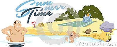 Dad with son on beach. Father and boy dabble in water. Funny people Vector Illustration