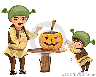 Dad with son making Halloween pumpkin poster Vector Illustration