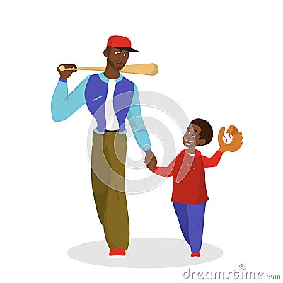 Dad and son play baseball. Father walking with a bat Vector Illustration
