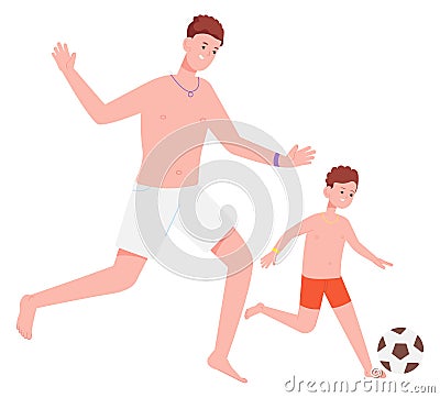 Dad and son playing football. Happy soccer game Vector Illustration