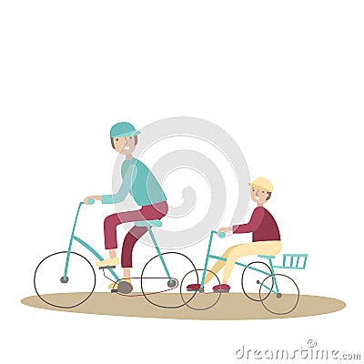 Dad and son riding bikes. Family Bicycle Sports and physical activity with children, joint active recreation. Vector Vector Illustration