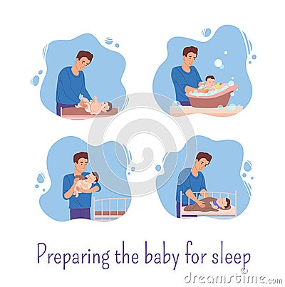 Dad stayed home and prepares the baby for bed: he changes the diaper for the baby, bathes him in the bath,feeds him from Vector Illustration