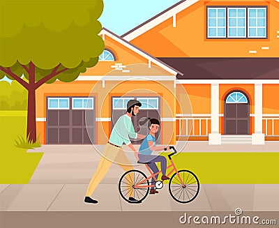 Dad teaches daughter to ride bike. Happy young man is helping smiling girl to ride bicycle on road Vector Illustration