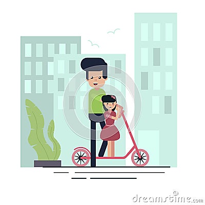 Dad teaches daughter to ride a scooter Vector Illustration