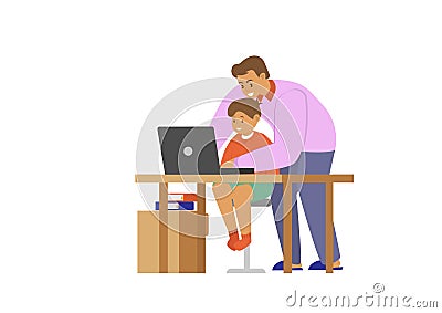 Dad teaches son homework through laptop - Cartoon character illustration characters isolated on white background Vector Illustration