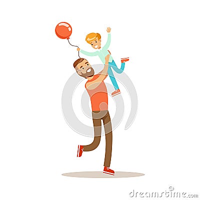 Dad Throwing Son In The Air, Loving Father Enjoying Good Quality Daddy Time With Happy Kid Vector Illustration