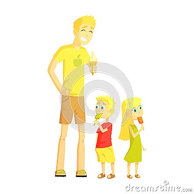 Dad And Twin Son And Daughter Eating Ice-cream, Happy Loving Families With Kids Spending Weekend Together Vector Vector Illustration
