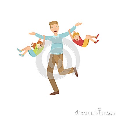 Dad And Two Kids Hanging On His Arms Vector Illustration