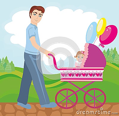 Dad walks with daughter in the park Vector Illustration