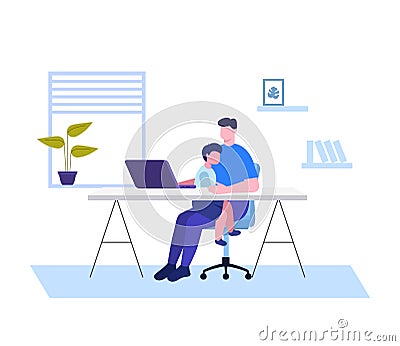 Dad working from home with a kid. Coronavirus Covid-2019 Quarantine. Stay home. Vector Cartoon Illustration