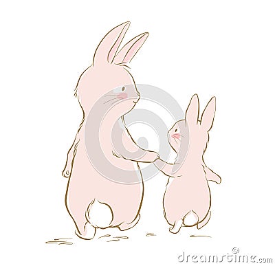 Daddy bunny and little bunny walking together. Rear view of a cute family of beige rabbits Vector Illustration