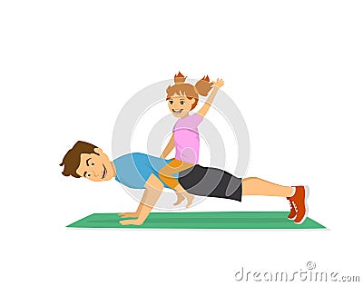 Daddy and child having fun training together, happy cheerful father doing push ups Vector Illustration