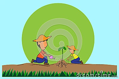 Daddy and son is sitting a tree planting fertilizer and empty space for text. Background development for learning concepts. Vector Illustration