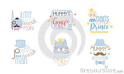 Dads Little Prince Labels Set, Cute Emblems in Light Blue Colors, Baby Shower, Birthday Party Design Element Hand Drawn Vector Illustration