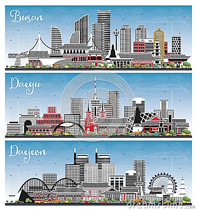 Daejeon, Daegu and Busan South Korea City Skylines Set with Color Buildings and Blue Sky Stock Photo