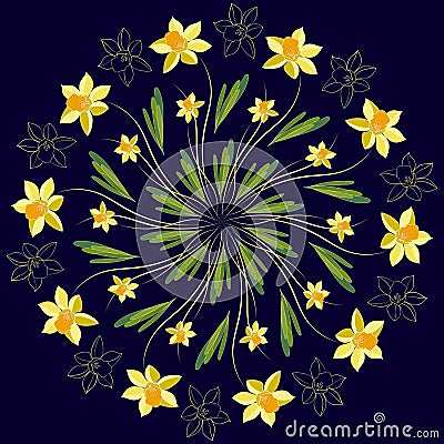 Daffodil floral medallion pattern, vector mandala ornament. Fashion style for prints, silk textile, cushion pillow, kerchief. Flor Vector Illustration