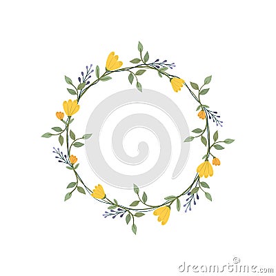 Daffodil and iris flower wreath. Green decorative ivy. Spring floral round frames. Creeper plant flat vector illustration Cartoon Illustration