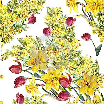 Daffodil, mimosa, tulip flowers, watercolor, pattern seamless Stock Photo