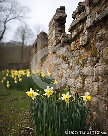 Daffodils punctuating the ruins with a delicate beauty canvassing the land with their yellow heads and white petals Stock Photo