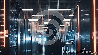 dagerous hacker stealing data inside a server room Stock Photo