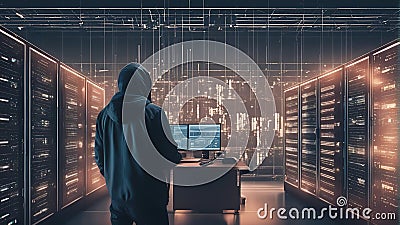 dagerous hacker stealing data inside a server room Stock Photo