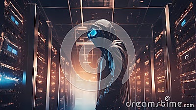 dagerous hacker stealing data inside a server room Stock Photo