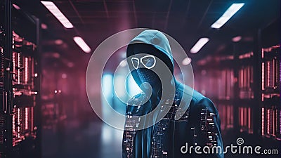 dagerous hacker stealing data inside a server room Stock Photo