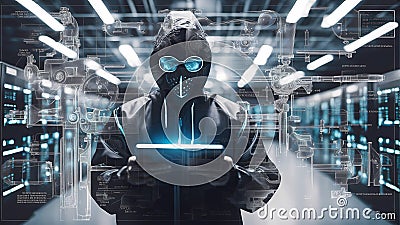 dagerous hacker stealing data inside a server room Stock Photo