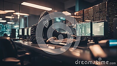 dagerous hacker stealing data inside a server room Stock Photo