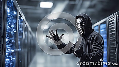 dagerous hacker stealing data inside a server room Stock Photo
