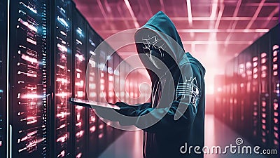 dagerous hacker stealing data inside a server room Stock Photo