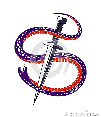 Dagger kills a Snake, defeated Serpent wraps around a sword vector vintage tattoo, Life is a Fight concept, allegorical logo or Vector Illustration