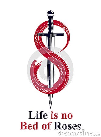 Dagger kills a Snake, defeated Serpent wraps around a sword vector vintage tattoo, Life is a Fight concept, life is no bed of Vector Illustration