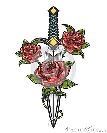 Dagger Knife and Rose Flowers Drawn in Tattoo Style Cartoon Illustration