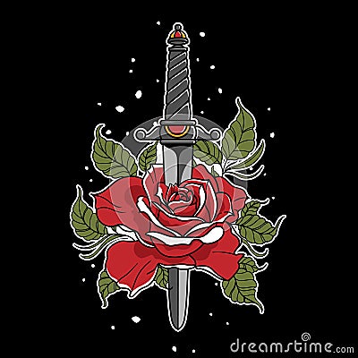 Dagger with rose drawing. T-shirts design in the style of a traditional tattoo. Vector Illustration