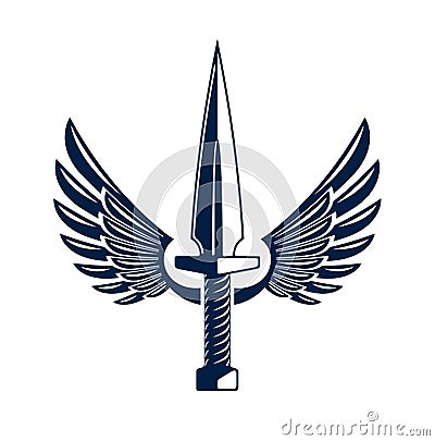 Dagger with wings vector logo or emblem isolated on white. Vector Illustration